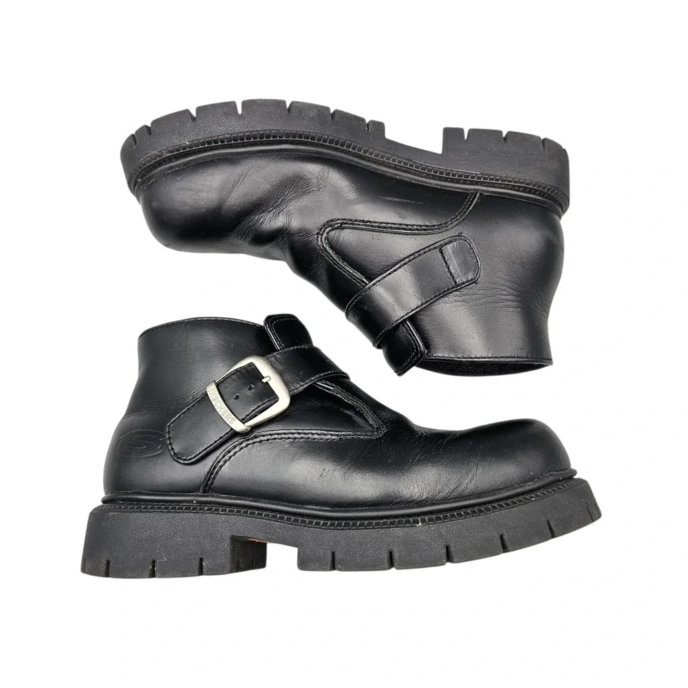 Skechers Men's Size 9 US‎ VGC Black Leather Y2K Chunky Buckle Strap Moto Boots